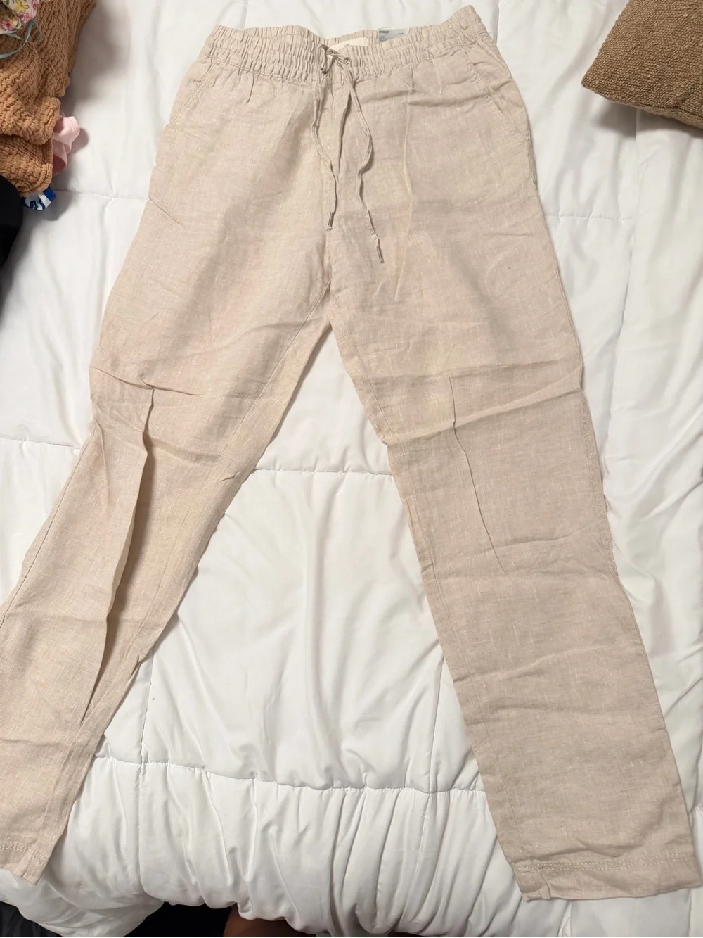 H&M Beige Drawstring Linen-Blend Chinos